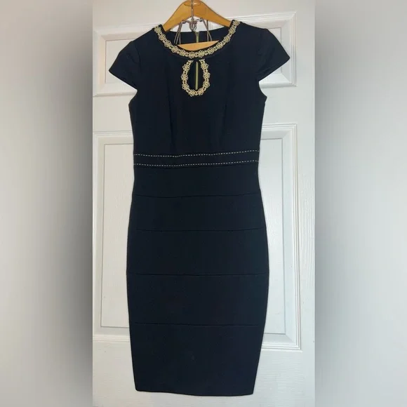 black and gold pencil dress 1980s Bellville Sassoon Black and Gold Stripe Sheath Dress / Caftan